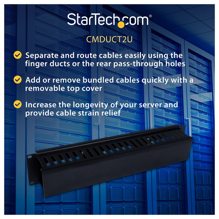 StarTech.com Panel de Gestión de Cableado Horizontal 2U, Canaleta con Cubierta para Racks, Plástico/Acero Negro, EIA RS310-D, 482 x 79 x 88.1 mm