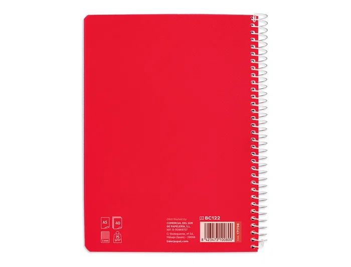Liderpapel Cuaderno Espiral A5 Pautaguía Tapa Blanda 40 Hojas 75gr Cuadro Pautado 5mm Rojo