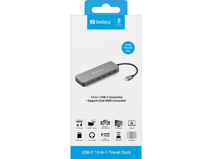 Sandberg USB-C 13-in-1 Travel Dock Estación de Conexión para Portátil con 4 Puertos USB, 3 Monitores (2xHDMI, 1xVGA), Ethernet, Audio y Lector de Tarjetas Sandberg USB-C 13-in-1 Travel Dock Estación de Conexión para Portátil con 4 Puertos USB, 3 Monitores (2xHDMI, 1xVGA), Ethernet, Audio y Lector de Tarjetas