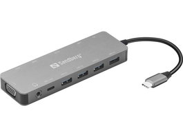Sandberg USB-C 13-in-1 Travel Dock Estación de Conexión para Portátil con 4 Puertos USB, 3 Monitores (2xHDMI, 1xVGA), Ethernet, Audio y Lector de Tarjetas