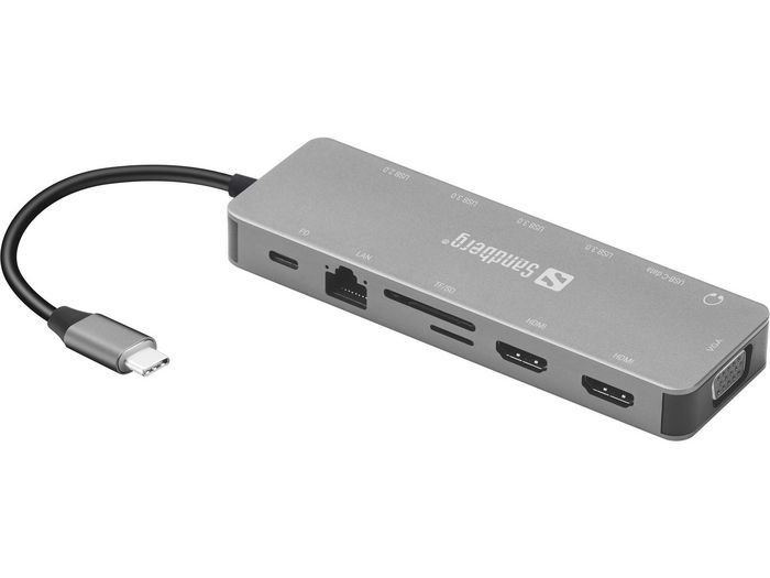 Sandberg USB-C 13-in-1 Travel Dock Estación de Conexión para Portátil con 4 Puertos USB, 3 Monitores (2xHDMI, 1xVGA), Ethernet, Audio y Lector de Tarjetas Sandberg USB-C 13-in-1 Travel Dock Estación de Conexión para Portátil con 4 Puertos USB, 3 Monitores (2xHDMI, 1xVGA), Ethernet, Audio y Lector de Tarjetas