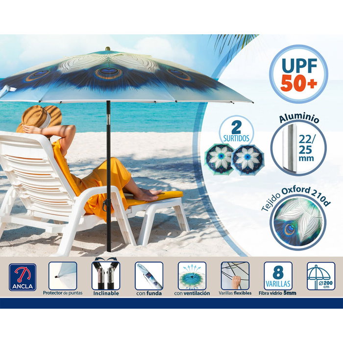 Sombrilla de playa Azul Ø 200 cm SPF50+ Pavo real