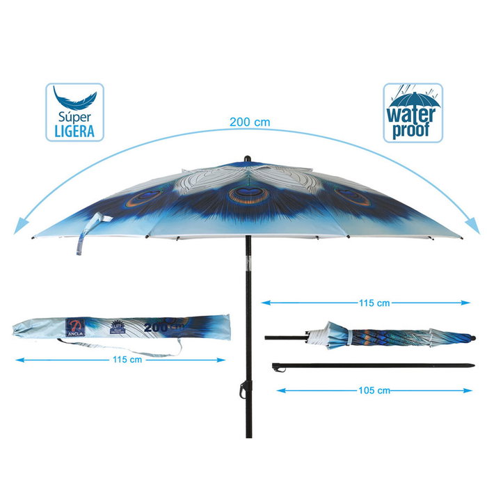 Sombrilla de playa Azul Ø 200 cm SPF50+ Pavo real