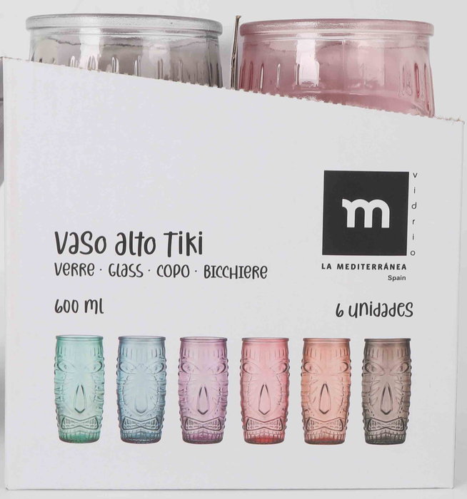 La Mediterranea Vaso Alto Tiki 600 ml con Dimensiones 7.8 cm Ancho x 17 cm Alto x 7.7 cm Largo (24 Unidades)