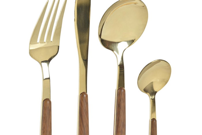 DKD Home Decor Set de Cubertería Chic Dorado y Natural de 16 Piezas