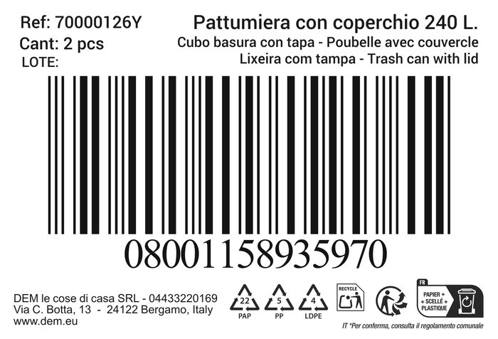 Inde Cubo Basura con Tapa 240 L Negro/Amarillo 60 cm (Ancho) x 105 cm (Alto) x 78 cm (Largo) (2 Unidades)