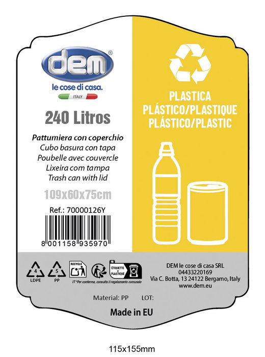 Inde Cubo Basura con Tapa 240 L Negro/Amarillo 60 cm (Ancho) x 105 cm (Alto) x 78 cm (Largo) (2 Unidades)