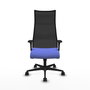 Sillón Albacete con mecanismo Sincro tapizada con Tela color Azul claro y malla color Negro. Equipado con Base nailon negra, Brazos 1D y Ruedas 65mm nailon