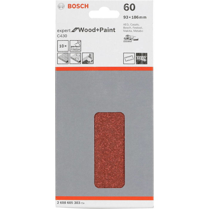 Bosch Lija rectangular C430 con velcro 93x186mm grano 60, 10 unidades Bosch Lija rectangular C430 con velcro 93x186mm grano 60, 10 unidades