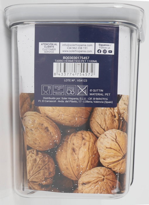 Quttin Tarro Hermetico PET 1100 ml con dimensiones 11.1 cm (ancho) x 15.3 cm (alto) x 11.2 cm (largo) (12 Unidades)