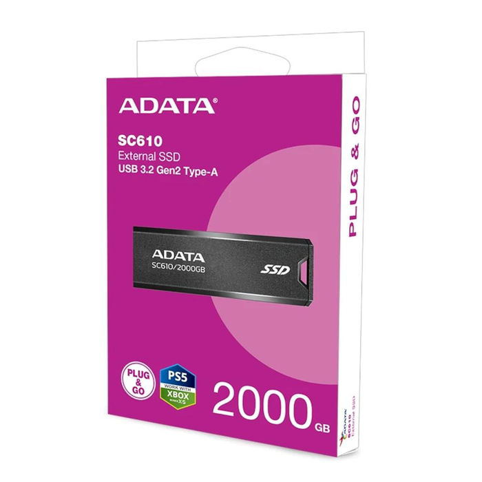ADATA SC610 Disco Duro Externo SSD 2TB USB 3.2 Gen 2, Negro, Hasta 550 MB/s Lectura, 500 MB/s Escritura, Modelo SC610-2000G-CBK/RD