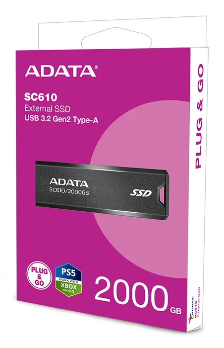 ADATA SSD Externo SC610 2TB SC610-2000G-CBK/RD USB-A 3.2 Gen 2, 10 Gbit/s, 550 MB/s, Negro