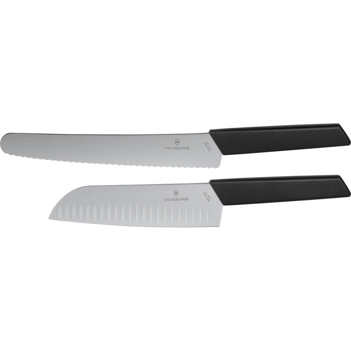 Victorinox Swiss Modern Kitchen Set de 2 piezas con cuchillo Santoku y de pan/repostería, Negro/Plata Victorinox Swiss Modern Kitchen Set de 2 piezas con cuchillo Santoku y de pan/repostería, Negro/Plata