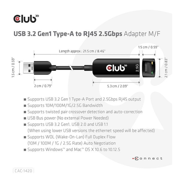 Club 3D CAC-1420 Adaptador USB 3.2 Typ A a RJ45 2.5Gb Negro