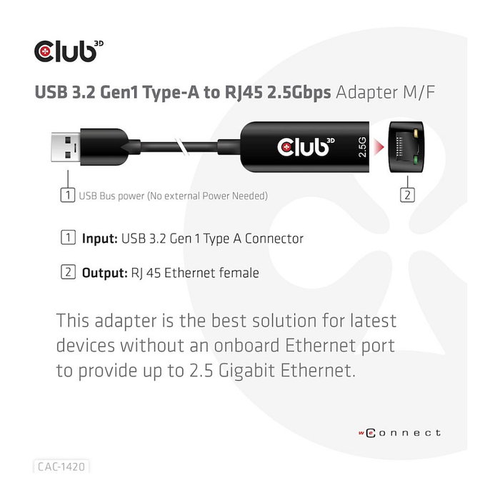 Club 3D CAC-1420 Adaptador USB 3.2 Tipo A a RJ45 2.5Gb Ethernet Negro