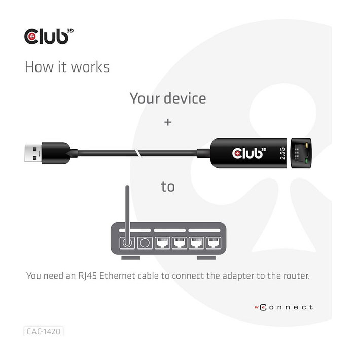 Club 3D CAC-1420 Adaptador USB 3.2 Typ A a RJ45 2.5Gb Negro