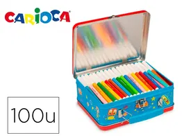 Carioca Kit Caja Metálica Rotuladores 100 Unidades Surtidas con Punta Fina y Maxipunta + Álbum para Colorear