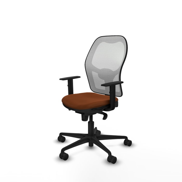 Silla de oficina Jorquera con mecanismo Sincro tapizada con Similpiel color Marrón y malla color Blanco. Equipada con lumbar 1D, Brazos 1D y Ruedas 65mm nailon