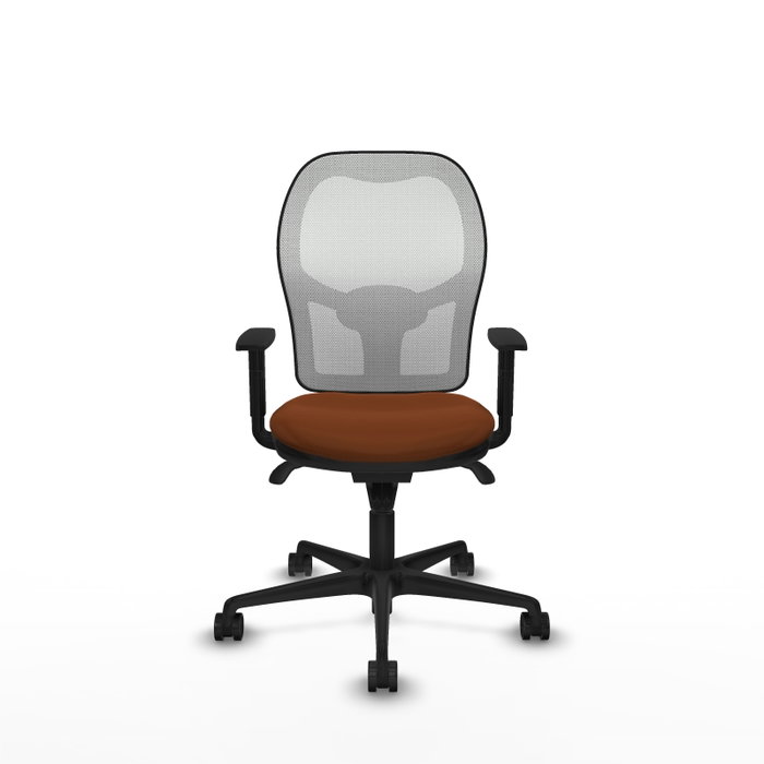 Silla de oficina Jorquera con mecanismo Sincro tapizada con Similpiel color Marrón y malla color Blanco. Equipada con lumbar 1D, Brazos 1D y Ruedas 65mm nailon