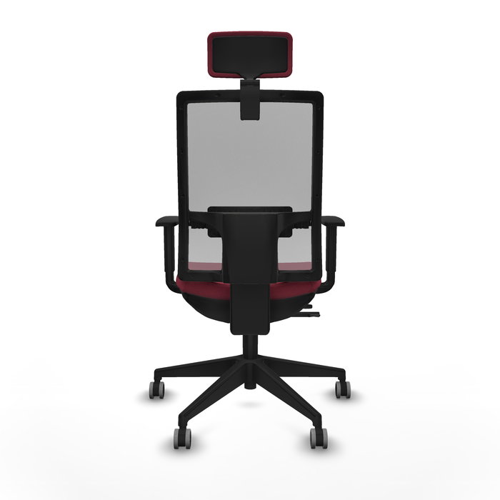 Silla de oficina Horna con mecanismo Sincro/Traslack tapizada con Tela color Granate y malla color Gris. Equipada con lumbar 1D, Brazos 1D, Cabecero 2D y Ruedas 65 mm parqué