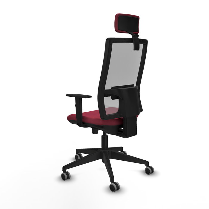 Silla de oficina Horna con mecanismo Sincro/Traslack tapizada con Tela color Granate y malla color Gris. Equipada con lumbar 1D, Brazos 1D, Cabecero 2D y Ruedas 65 mm parqué