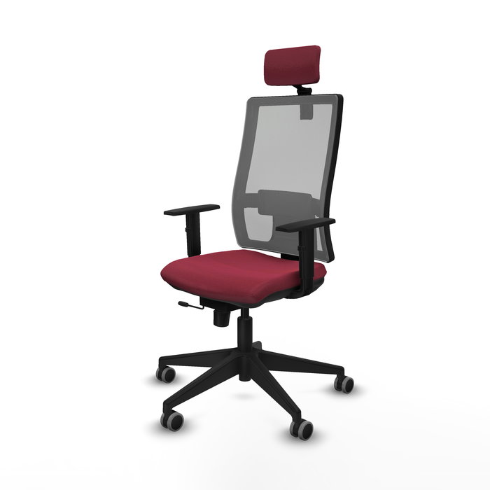 Silla de oficina Horna con mecanismo Sincro/Traslack tapizada con Tela color Granate y malla color Gris. Equipada con lumbar 1D, Brazos 1D, Cabecero 2D y Ruedas 65 mm parqué