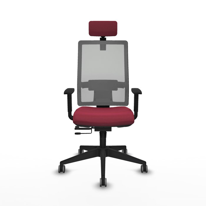Silla de oficina Horna con mecanismo Sincro/Traslack tapizada con Tela color Granate y malla color Gris. Equipada con lumbar 1D, Brazos 1D, Cabecero 2D y Ruedas 65 mm parqué