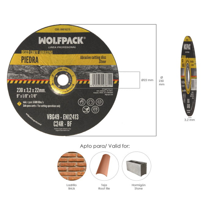 WOLFPACK LINEA PROFESIONAL Disco de Corte Abrasivo para Piedra Ø 230 x Ø 22 mm WOLFPACK LINEA PROFESIONAL Disco de Corte Abrasivo para Piedra Ø 230 x Ø 22 mm
