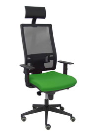 Silla de oficina Horna con mecanismo Sincro tapizada con Tela color Verde y malla color Negro. Equipada con lumbar 1D, Brazos 1D, Cabecero Fijo y Ruedas de parqué