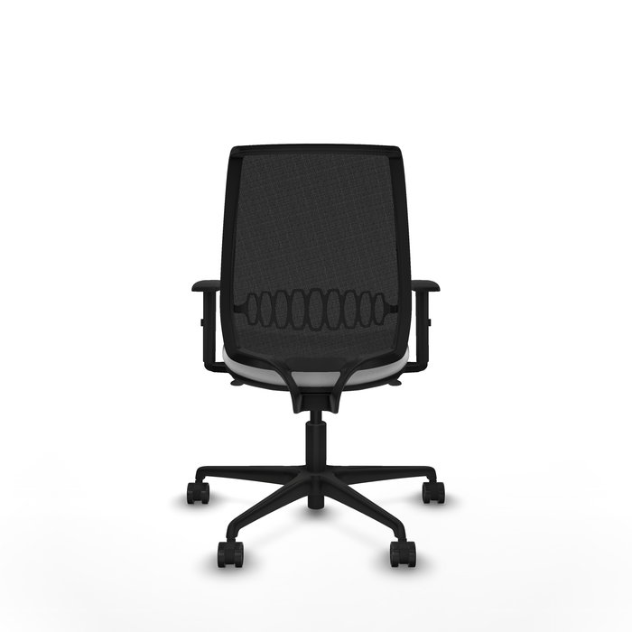 Silla de oficina Alares con mecanismo Sincro tapizada con Tela color Blanco y malla color Negro. Equipada con lumbar 1D, Brazos 1D y Ruedas 65mm nailon