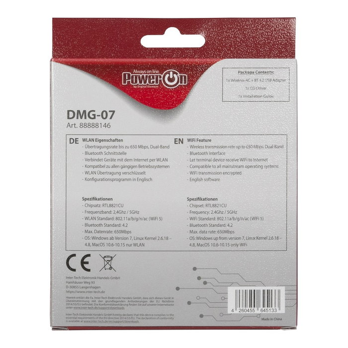 Inter-Tech DMG-07 Adaptador USB WiFi Bluetooth Dual Band 650 Mbps Wi-Fi 5 (802.11ac) Versión 4.2 Antena Interna para PC Windows