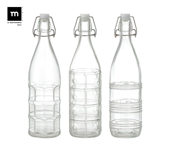 Inde Botella Transparente con Tapon Hermetico 1L 8.6x31cm (12 Unidades)