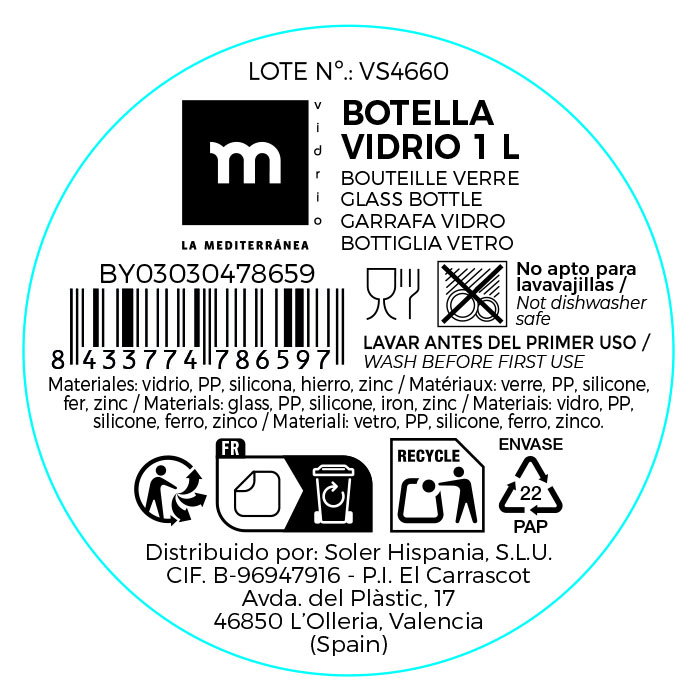 Inde Botella Transparente con Tapon Hermetico 1L 8.6x31cm (12 Unidades)