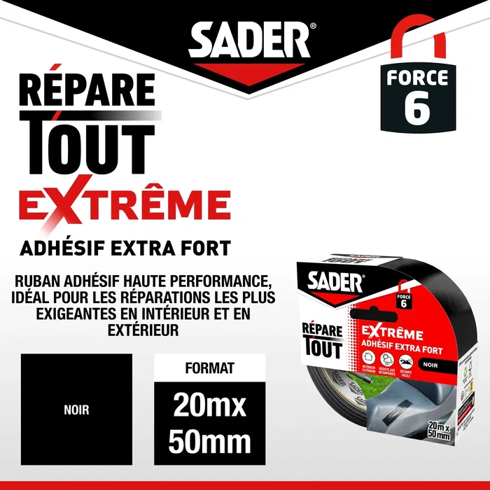 Sader Cinta Adhesiva Extra Fuerte AAAVH55062 20 m x 50 mm, Negro, Interior y Exterior para Todas las Superficies