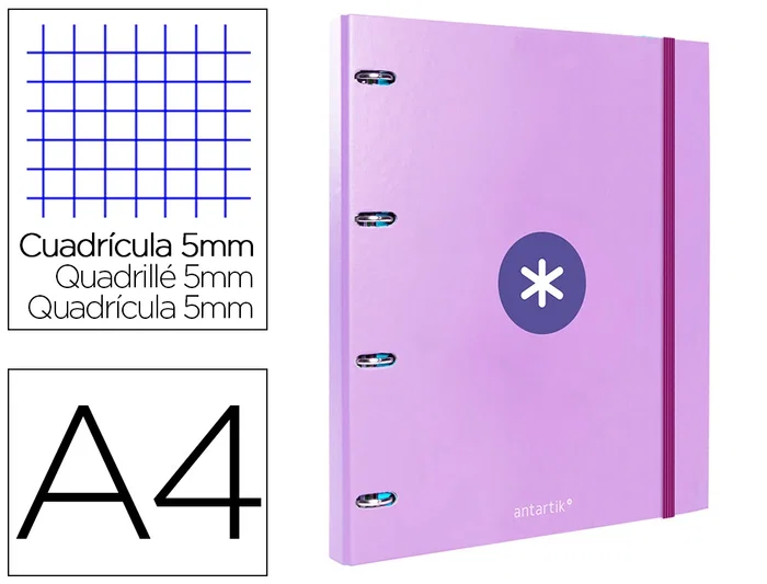 Antartik Carpeta con recambio a4 cuadro 5mm forrada 4 anillas 25mm redondas color lavanda 100 hojas 100g Antartik Carpeta con recambio a4 cuadro 5mm forrada 4 anillas 25mm redondas color lavanda 100 hojas 100g