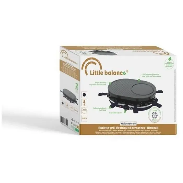 Little Balance LIT3760240787495 Máquina de Raclette para 8 Personas, Multifunción Queso y Crepe, 1200W, Parrilla Extraíble, Azul Noche