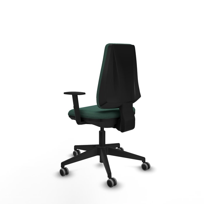 Silla de oficina Elche con mecanismo Contacto permanente básico tapizada con Tela color Verde botella. Equipada con Base piramidal negra, Brazos 1D y Ruedas 65 mm parqué