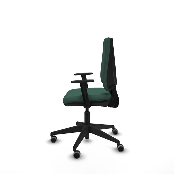 Silla de oficina Elche con mecanismo Contacto permanente básico tapizada con Tela color Verde botella. Equipada con Base piramidal negra, Brazos 1D y Ruedas 65 mm parqué