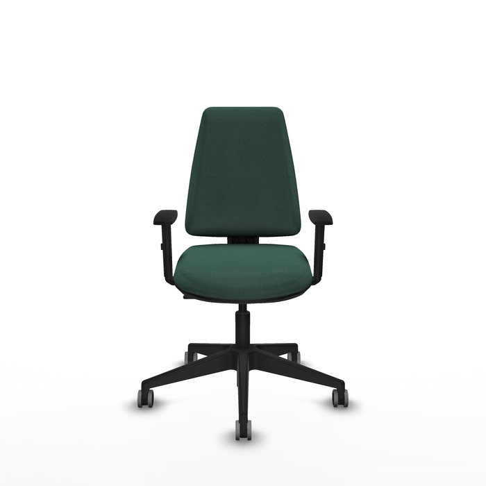 Silla de oficina Elche con mecanismo Contacto permanente básico tapizada con Tela color Verde botella. Equipada con Base piramidal negra, Brazos 1D y Ruedas 65 mm parqué