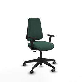 Silla de oficina Elche con mecanismo Contacto permanente básico tapizada con Tela color Verde botella. Equipada con Base piramidal negra, Brazos 1D y Ruedas 65 mm parqué