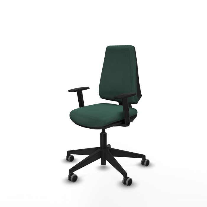 Silla de oficina Elche con mecanismo Contacto permanente básico tapizada con Tela color Verde botella. Equipada con Base piramidal negra, Brazos 1D y Ruedas 65 mm parqué