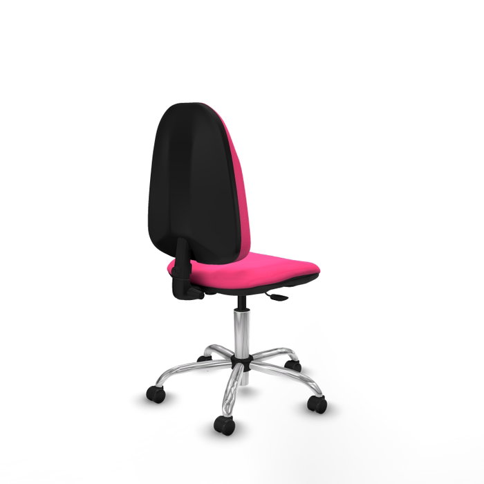 Silla de oficina Algarra con mecanismo Contacto permanente básico tapizada con Similpiel color Rosa. Equipada con Base cromada, Sin brazos y Ruedas de parqué Silla de oficina Algarra con mecanismo Contacto permanente básico tapizada con Similpiel color Rosa. Equipada con Base cromada, Sin brazos y Ruedas de parqué