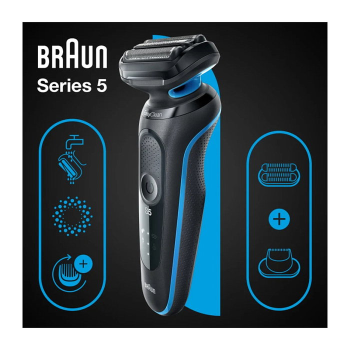 Braun Series 5 51-B1820s - Máquina de afeitar de láminas recargable, 3 cabezas, uso en seco y mojado, negro y azul