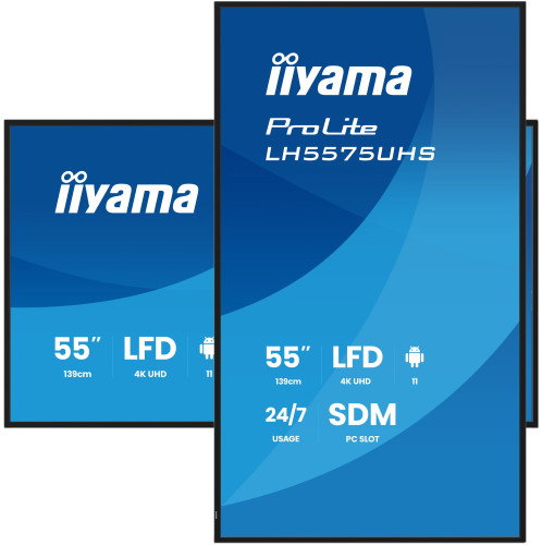 Iiyama LH5575UHS-B2AG Monitor de Señalización Digital de 55 Pulgadas, 4K UHD 3840x2160, Panel IPS, Android 11, 500 cd/m2, 24/7, VESA 400x400, Wi-Fi, 3xHDMI, 2xDisplayPort