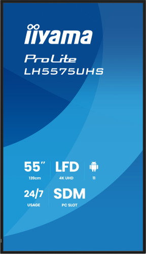 Iiyama LH5575UHS-B2AG Monitor de Señalización Digital de 55 Pulgadas, 4K UHD 3840x2160, Panel IPS, Android 11, 500 cd/m2, 24/7, VESA 400x400, Wi-Fi, 3xHDMI, 2xDisplayPort