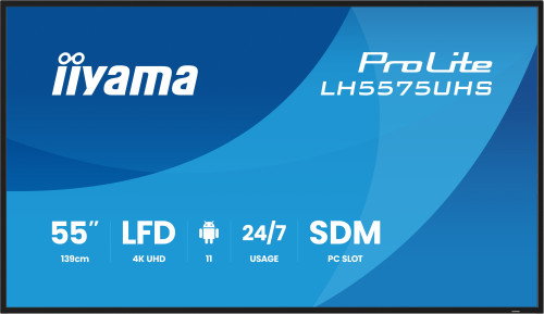Iiyama LH5575UHS-B2AG Monitor de Señalización Digital de 55 Pulgadas, 4K UHD 3840x2160, Panel IPS, Android 11, 500 cd/m2, 24/7, VESA 400x400, Wi-Fi, 3xHDMI, 2xDisplayPort