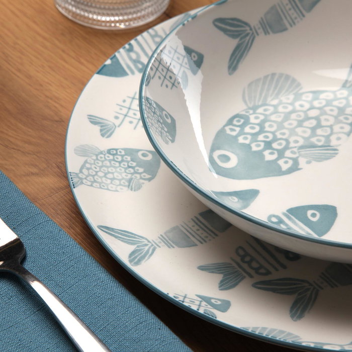 Versa Vajilla 18 Piezas Peces Azul Porcelana 6 Platos Llanos 26.5cm 6 Platos Hondos 20cm 6 Platos Postre 19cm (2 Unidades)