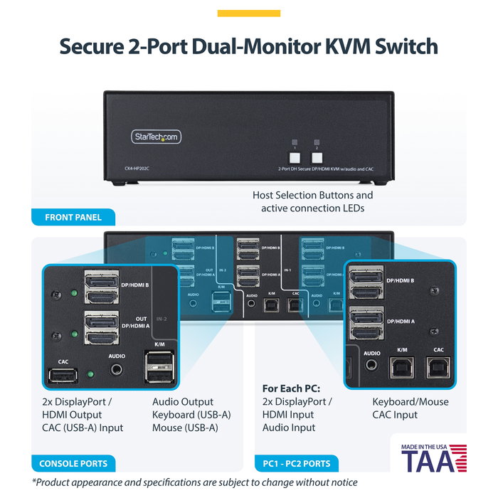 StarTech CK4-HP202C KVM Switch Seguro de 2 Puertos para 2 Monitores HDMI/DisplayPort 4K 60Hz