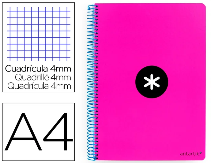Antartik Cuaderno espiral A4 tapa dura 80 hojas cuadro 4mm rosa fluor Antartik Cuaderno espiral A4 tapa dura 80 hojas cuadro 4mm rosa fluor
