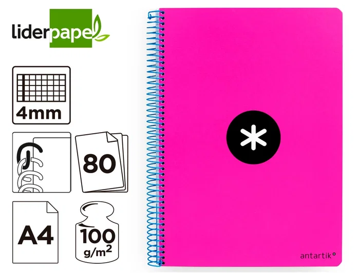 Antartik Cuaderno espiral A4 tapa dura 80 hojas cuadro 4mm rosa fluor Antartik Cuaderno espiral A4 tapa dura 80 hojas cuadro 4mm rosa fluor